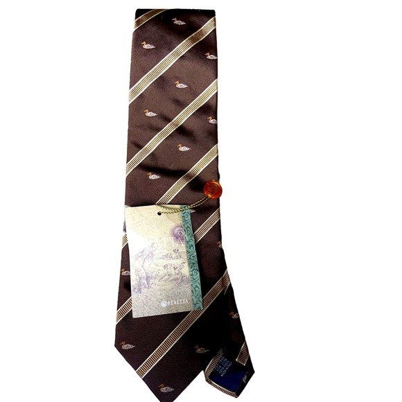 Vintage Brown DUCK Motif Striped BARETTA Silk Men’s Neck Tie Italy NWT - Picture 2 of 7